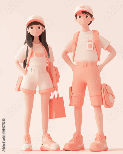 Cute vector cartoon of two kids in pastel outfits, exuding youthful energy and innocence in a playful and modern design style.