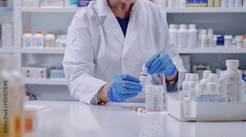 A pharmacist preparing medication in a modern pharmacy against a clean white background, macro shot, Minimalist style