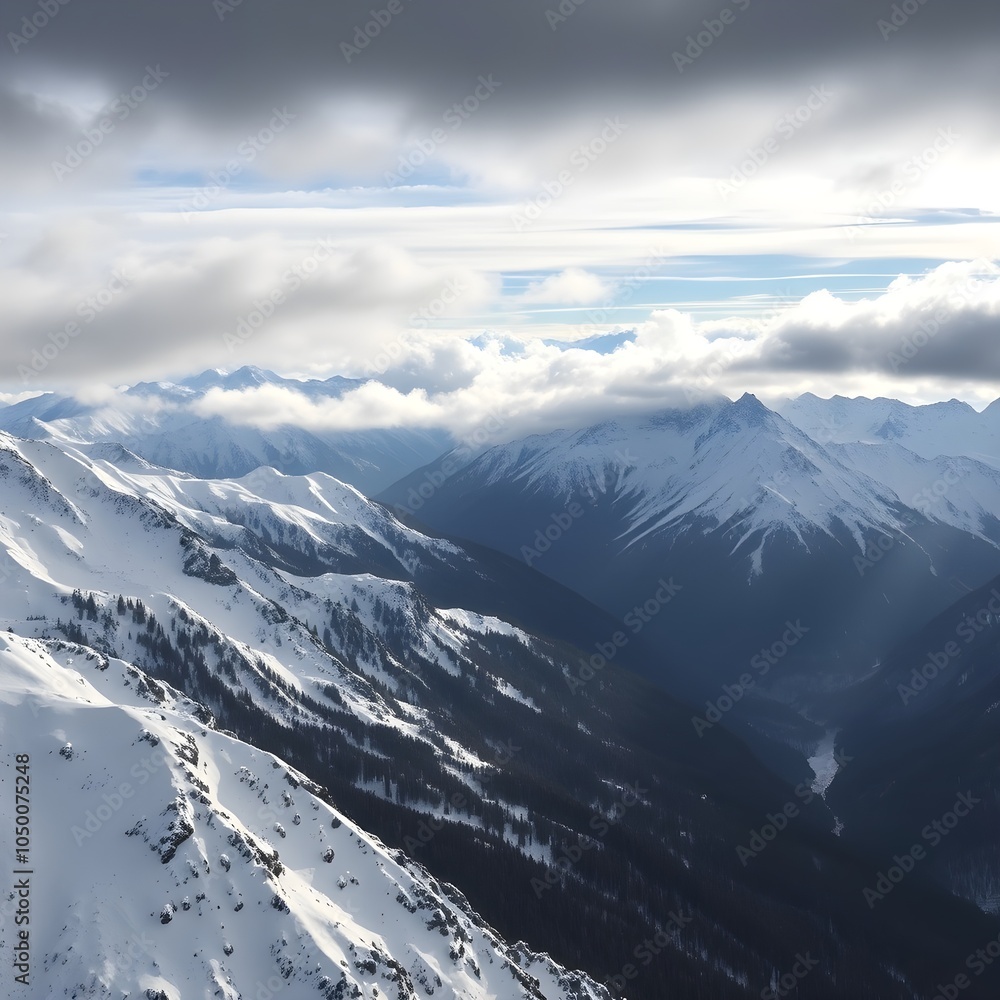 Naklejka premium Breathtaking view of the snowy mountains under the cloudy sky