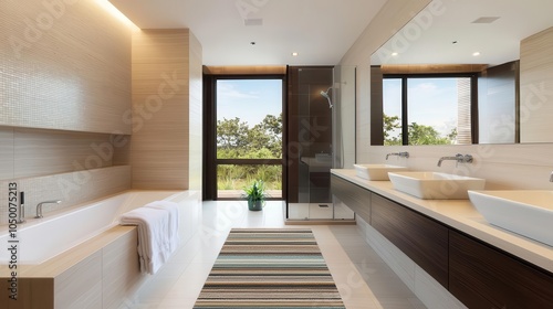 Familyfriendly bathroom with colorful accents, soft rugs, and dual basins photo