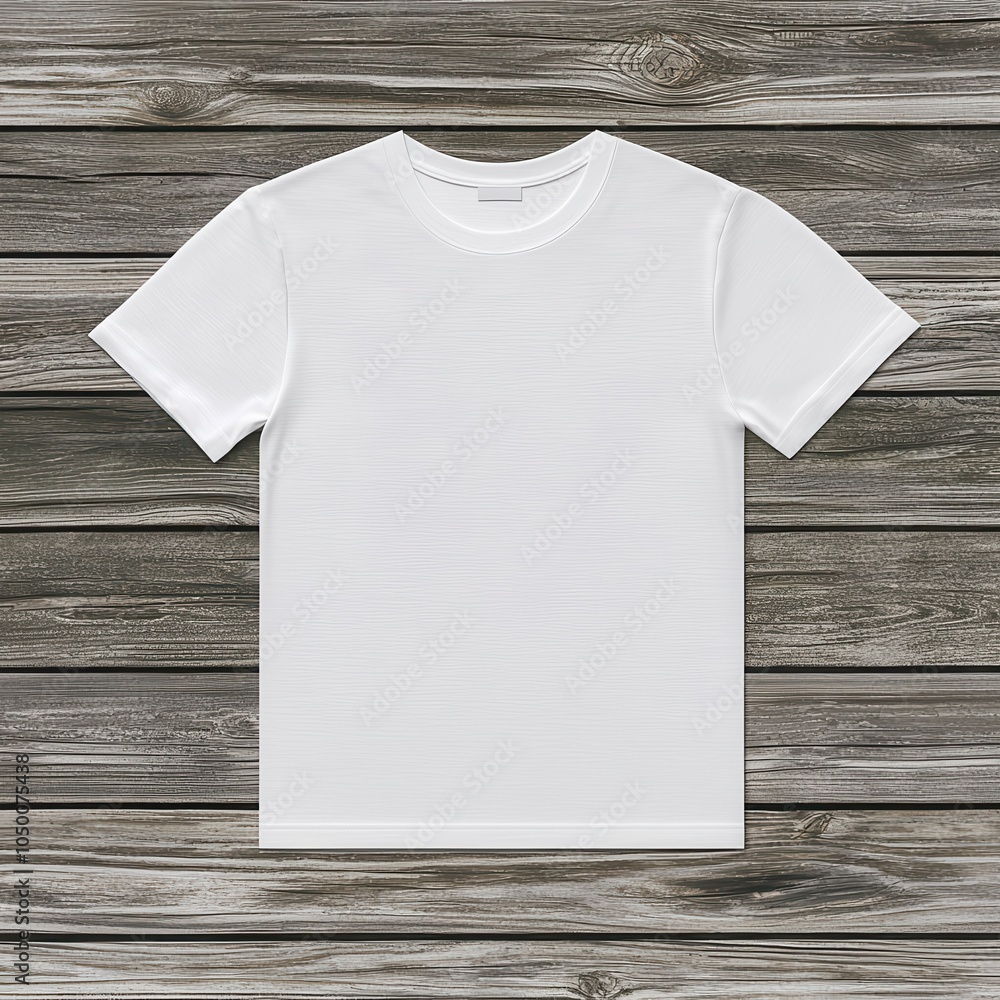 Plain white t-shirt on rustic wooden background, ideal for mockups and designs. Plain white t-shirt on rustic wooden background, ideal for mockups and designs.