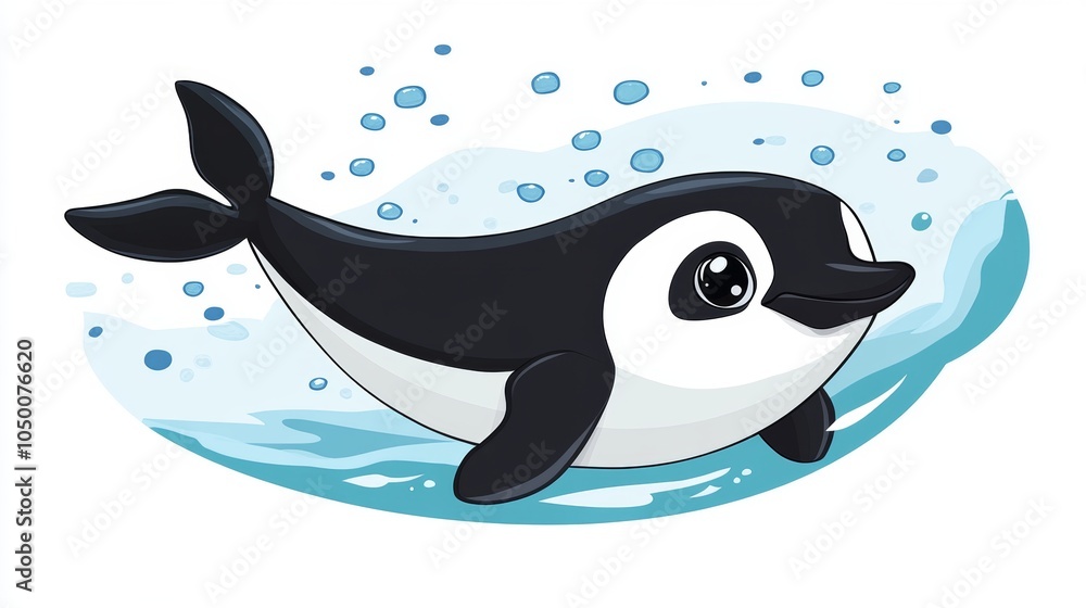 Naklejka premium Cute Cartoon Dolphin Swimming Underwater with Bubbles Illustration