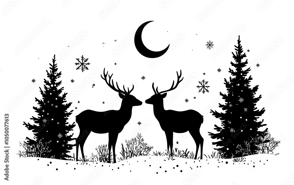 two deer in the forest with snowflakes falling, a crescent moon above them, and trees and small bushes around them. Simple black lines on a white background two deer in the forest with snowflakes falling, a crescent moon above them, and trees and small bushes around them. Simple black lines on a white background