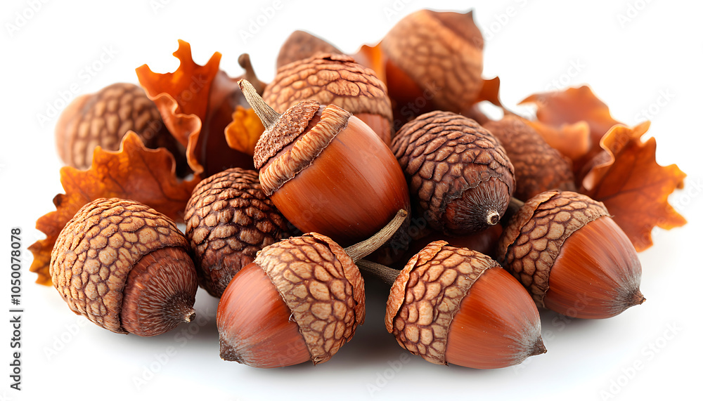 Autumn Acorns With Caps and Leaves on White Background Autumn Acorns With Caps and Leaves on White Background