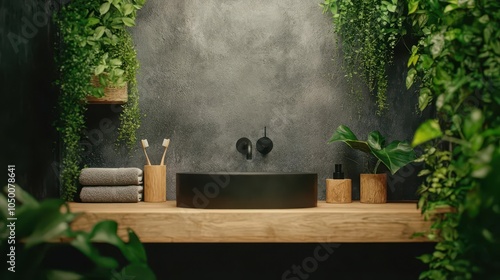 Junglethemed bathroom, deep greens, hanging vines, and wooden accessories photo