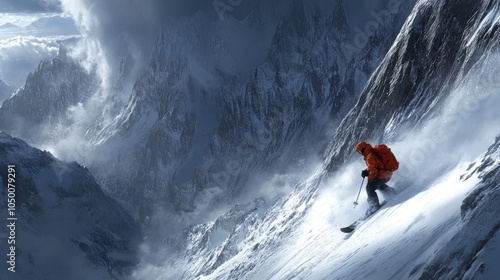 A lone skier descends a steep mountain slope, surrounded by towering peaks and dramatic clouds.