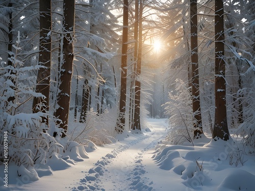 Serene Snowy Sunrise in the Winter Forest photo