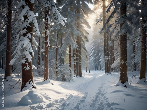 Serene Snowy Sunrise in the Winter Forest photo