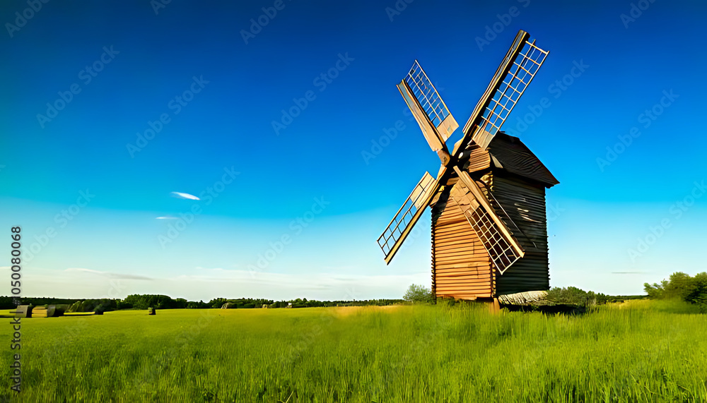 old wooden windmill stands alone green field clear blue sunny sky horizon old wooden windmill stands alone green field clear blue sunny sky horizon