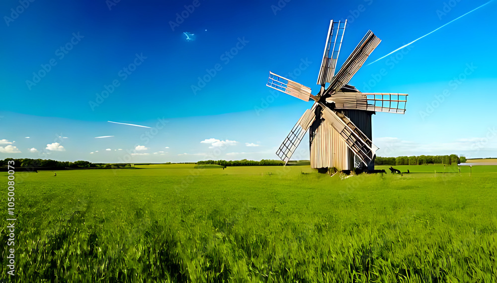 old wooden windmill stands alone green field clear blue sunny sky horizon old wooden windmill stands alone green field clear blue sunny sky horizon