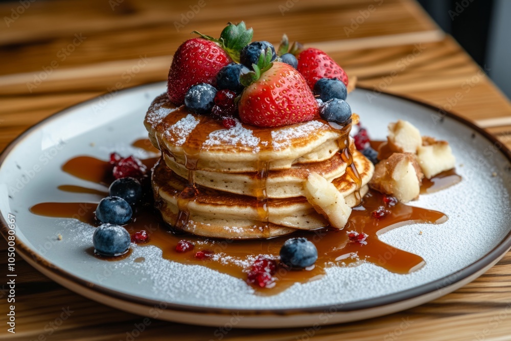 Delicious fluffy pancakes stacked high on a plate. Topped with fresh strawberries and blueberries. Perfect for breakfast or brunch gatherings. Generative AI Delicious fluffy pancakes stacked high on a plate. Topped with fresh strawberries and blueberries. Perfect for breakfast or brunch gatherings. Generative AI