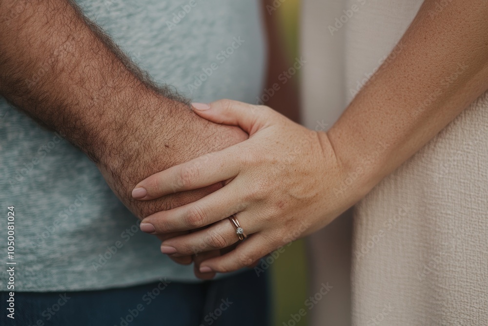 A couple holding hands tightly, creating a moment of affection in a serene outdoor setting A couple holding hands tightly, creating a moment of affection in a serene outdoor setting