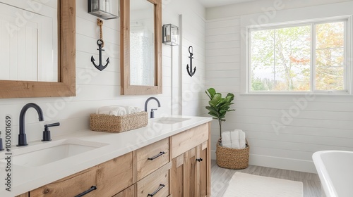 Nautical bathroom with rope mirrors, navy accents, and anchorpatterned wallpaper photo