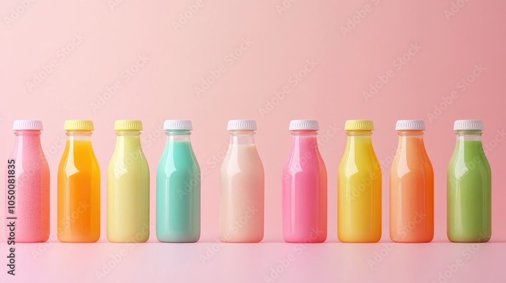 A lineup of colorful, fresh smoothie bottles, symbolizing health and energy, ideal for food and beverage advertising A lineup of colorful, fresh smoothie bottles, symbolizing health and energy, ideal for food and beverage advertising