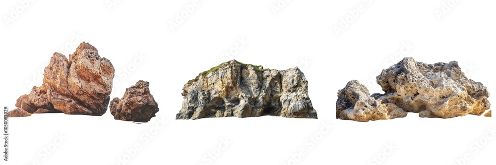 Fototapeta premium Set of Natural rock formation along sandy beach under bright daylight isolated on a transparent background