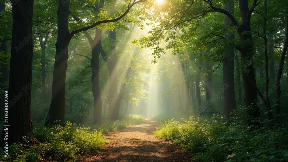 Fototapeta premium Serene forest clearing with dappled sunlight exuding calm and tranquility