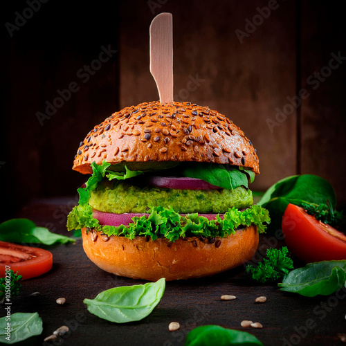 Hamburguesa vegana hecha a base de plantas con ingredientes veganos. Estilo comercial.