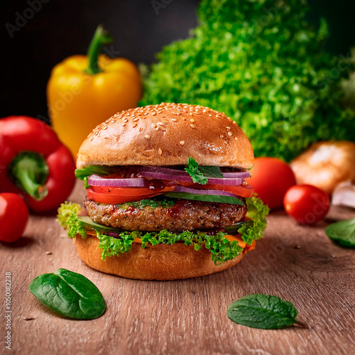 Hamburguesa vegana hecha a base de plantas con ingredientes veganos. Estilo comercial.