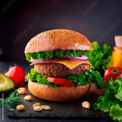 Hamburguesa vegana hecha a base de plantas con ingredientes veganos. Estilo comercial.