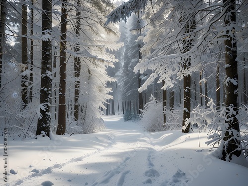 Serene Snowy Sunrise in the Winter Forest photo