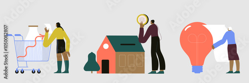 Cost of living, consumer price index rising. Character worries about groceries, housing, utilities price increases. Crisis, inflation concept. Vector illustration isolated on white background