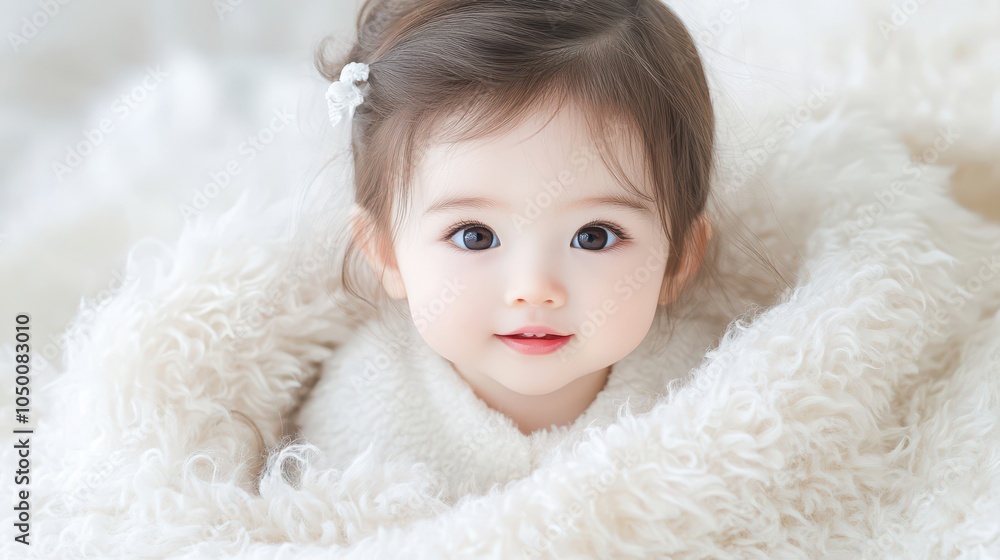 Adorable chubby girl wrapped in a soft fluffy blanket smiles warmly on a cozy afternoon Adorable chubby girl wrapped in a soft fluffy blanket smiles warmly on a cozy afternoon