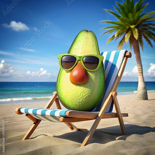 A relaxed avocado lounges in sunglasses on a beach chair. photo