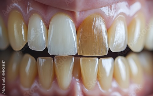 A side-by-side comparison of teeth before and after whitening and veneer application, capturing improvements in enamel and oral health. 