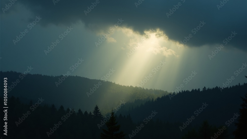 Majestic sunlight beam in dark forest evoking mystery