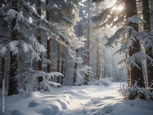 Serene Snowy Sunrise in the Winter Forest photo