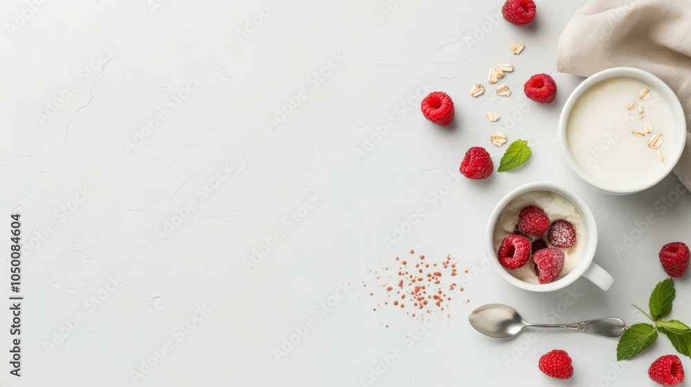 Panna cotta served with fresh raspberries and a drizzle of raspberry sauce, copy space, in white background Panna cotta served with fresh raspberries and a drizzle of raspberry sauce, copy space, in white background
