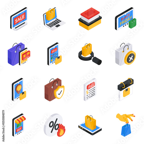 Pack of Web Shopping Flat Isometric Icon 

