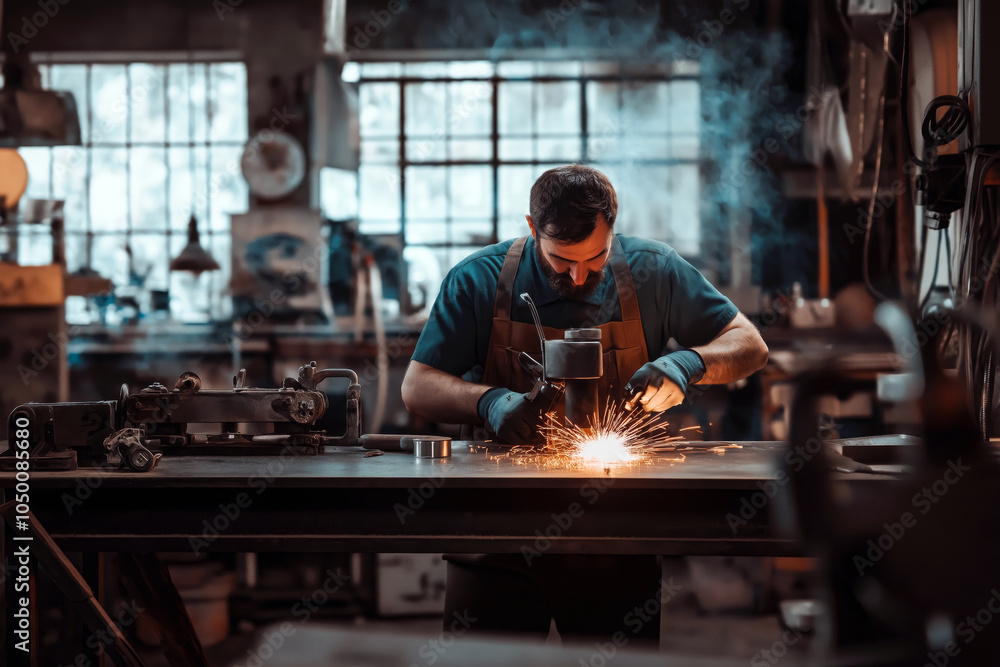 Welder in a modern workshop doing fine work creating metal furniture.