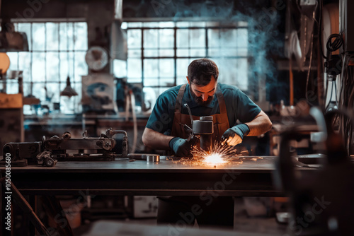 Welder in a modern workshop doing fine work creating metal furniture.