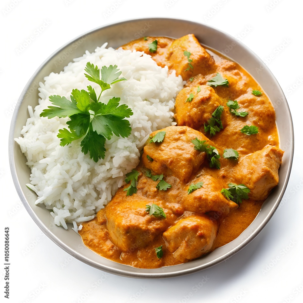 butter chicken with rice in plate butter chicken with rice in plate