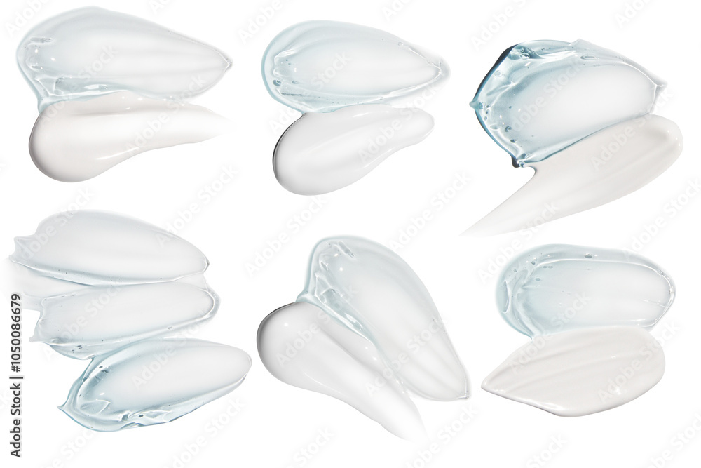 Set of compositions featuring white cream smears and transparent blue gel smears on an empty background. Skincare products, hydrating and moisturizing textures. Set of compositions featuring white cream smears and transparent blue gel smears on an empty background. Skincare products, hydrating and moisturizing textures.