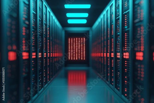 Server room corridor with blue lighting and red warning indicators, illustrating high-security data center infrastructure