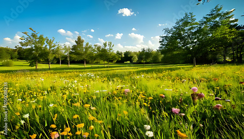 summer field flowers surround green grass amidst trees vibrant meadow scene