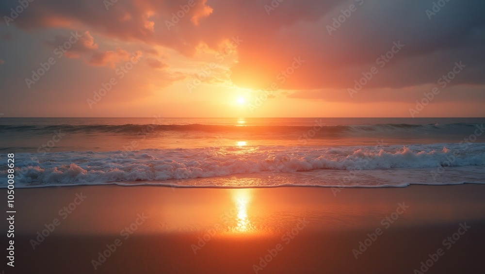 Obraz premium Tranquil beach at sunrise symbolizing hope and new beginnings