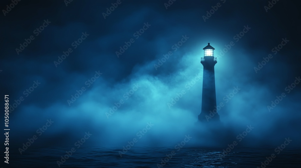 Lighthouse beacon shining through foggy night, lone guiding light, 3D illustration Lighthouse beacon shining through foggy night, lone guiding light, 3D illustration