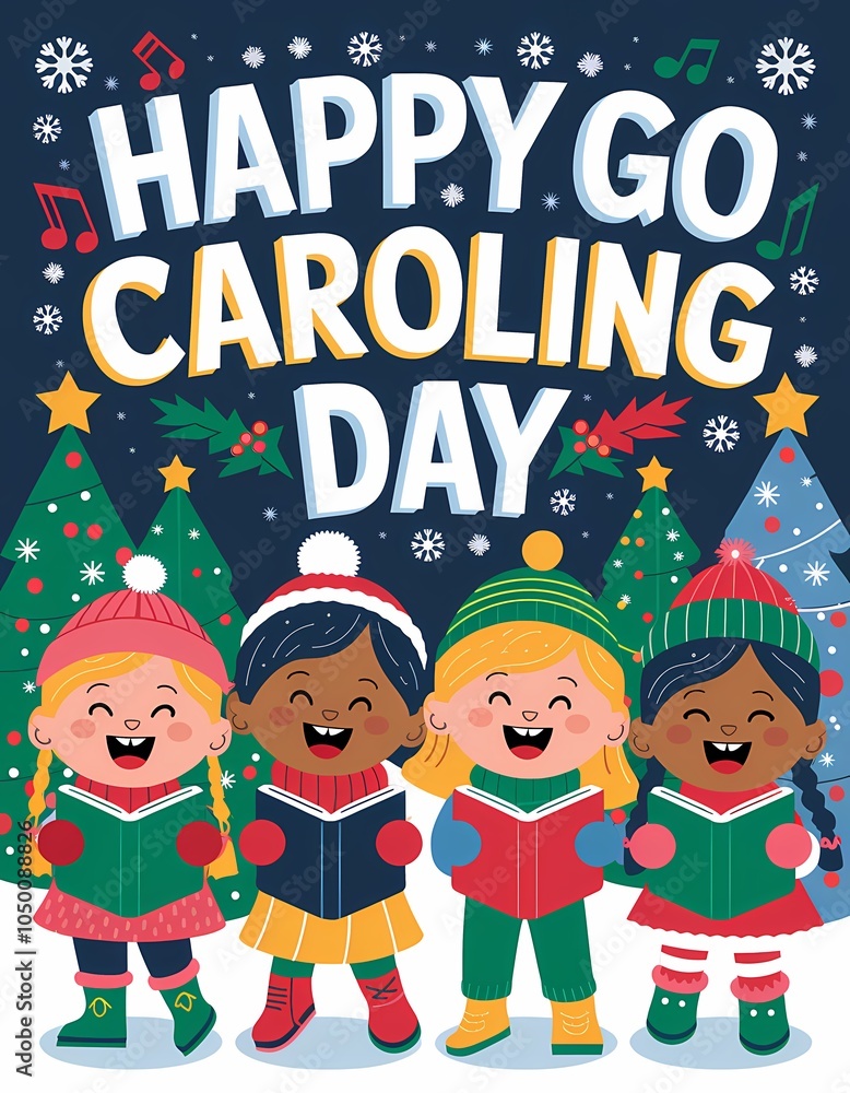 Fototapeta premium Happy Go Caroling Day with Festive Singing Children Illustration