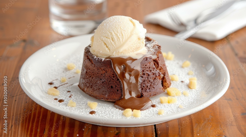 Chocolate fondant with molten center, served with a scoop of vanilla ice cream Chocolate fondant with molten center, served with a scoop of vanilla ice cream
