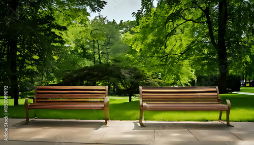 two bronze benches sit serene green summer outdoor park setting