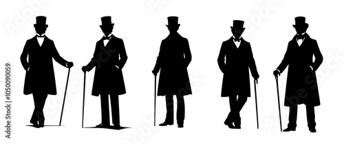 Set of silhouette of a tuxedo-wearing male. silhouette of a cane-wielding Victorian man wearing a high hat.