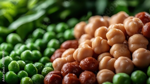 A colorful assortment of green peas and chickpeas with leafy greens in the background, showcasing a fresh and vibrant combination of vegetables perfect for a healthy diet. photo