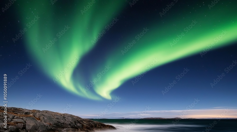 Aurora borealis in vibrant green arcs over a rocky coastline, with mist rising from the ocean waves, creating an ethereal coastal scene Northern lights, coastline Aurora borealis in vibrant green arcs over a rocky coastline, with mist rising from the ocean waves, creating an ethereal coastal scene Northern lights, coastline