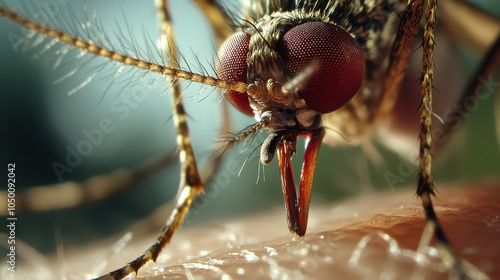 Macro shot of a mosquito on human skin, highlighting the intricate details of the insect's anatomy, emphasizing its complex structure and biological existence. photo