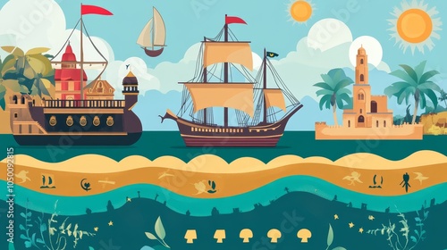 Colorful Illustration of Pirate Ships and Tropical Landscape