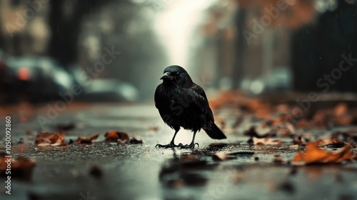 A thoughtful crow stands elegantly in the middle of a wet street after the rain, captured amidst fallen leaves, reflecting themes of urban solitude and resilience. photo