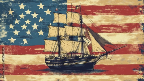 Vintage Sailing Ship on American Flag Background